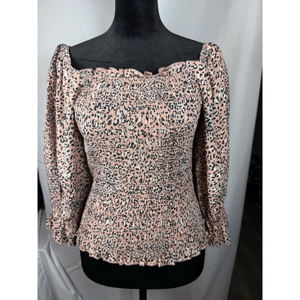 Hem & Thread NWT Women’s Large Ruffle Balloon Sleeves Smocked Leopard Print NEW